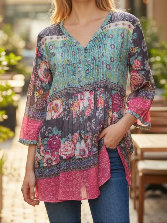 Cost Plus World Market Tops - World Market Boho Chic Colorful Panel Sheer Peasant Flowy Tunic Size L/XL